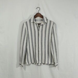 Zara Striped Button Up Shirt Small Beige gray Long Sleeve Casual Morocco